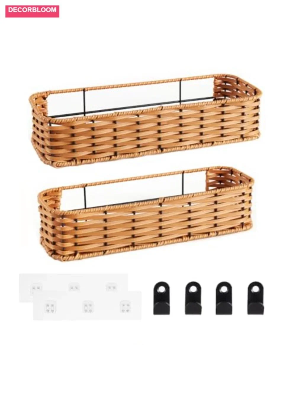 2-Pack Adhesive Wall-Mounted Wicker Baskets, Plastic Storage Organizer for